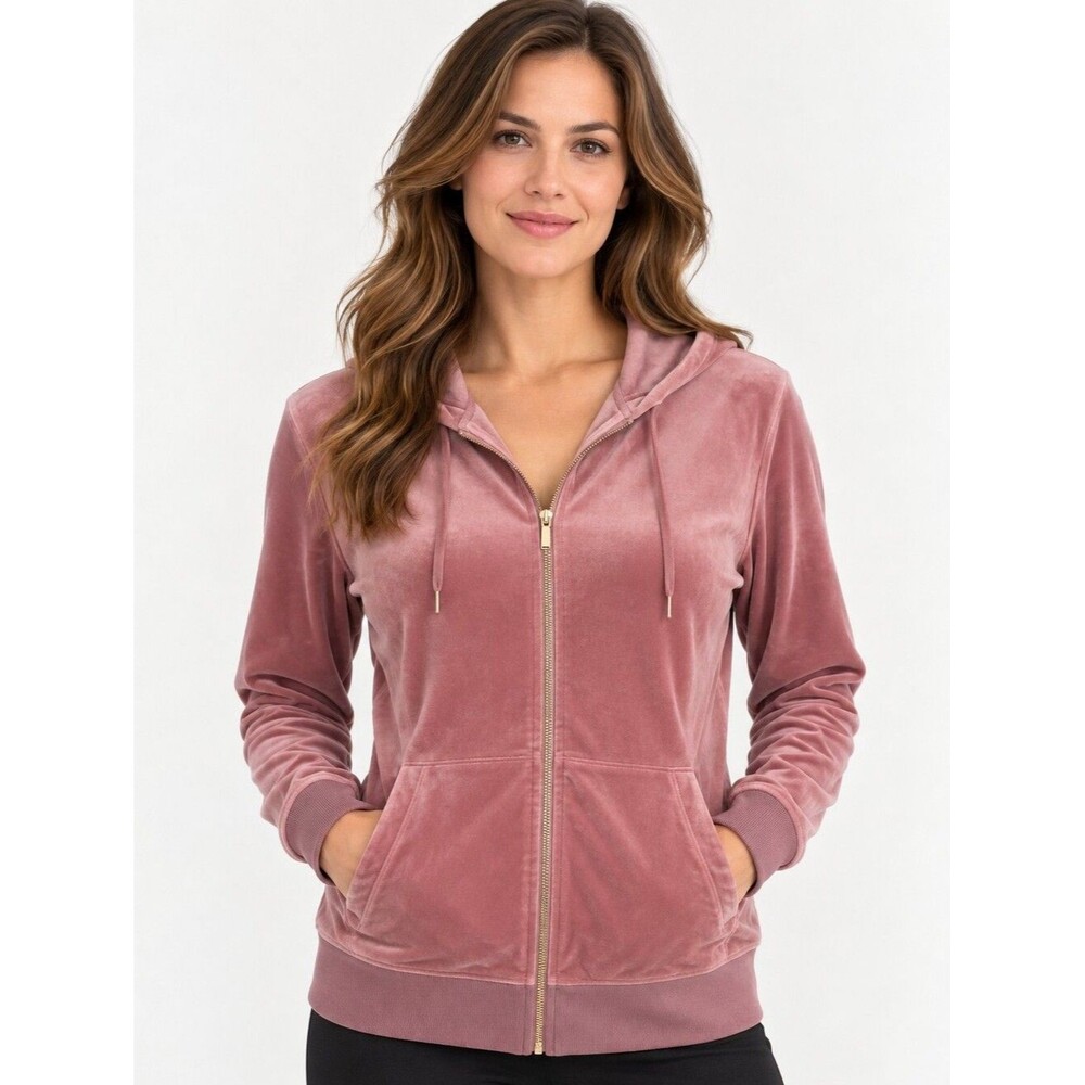 EUC like new White Mark women's hooded pink velvet track jacket, L